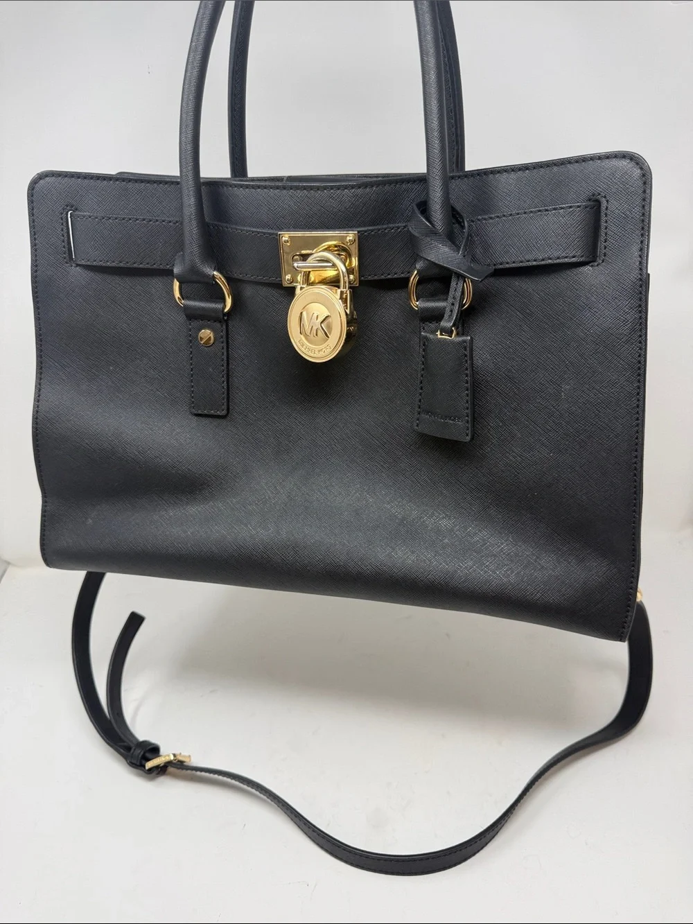 Michael Kors Hamilton Black Saffiano Leather Satchel Tote Gold Lock